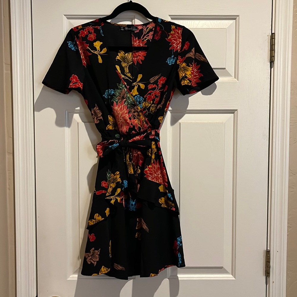 Floral black, coral, blue, yellow, and red dress